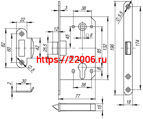 Корпус Fuaro (Фуаро) врезного замка c защёлкой PLASTP85C-50 (P85C-50) SG матовое золото фото 3