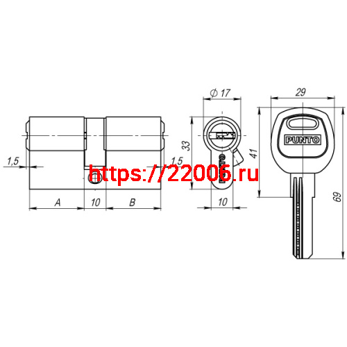 Цилиндровый Punto (Пунто) механизм (A200/100) A2000Key100(40+10+50) SN никель фото 3