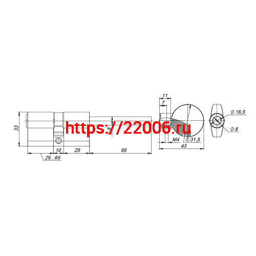 Цилиндровый Fuaro (Фуаро) механизм (D-PRO507-8) D-PRO5007-8Key75(40+10+25) CP хром 5+1Key со штоком перекод. фото 3