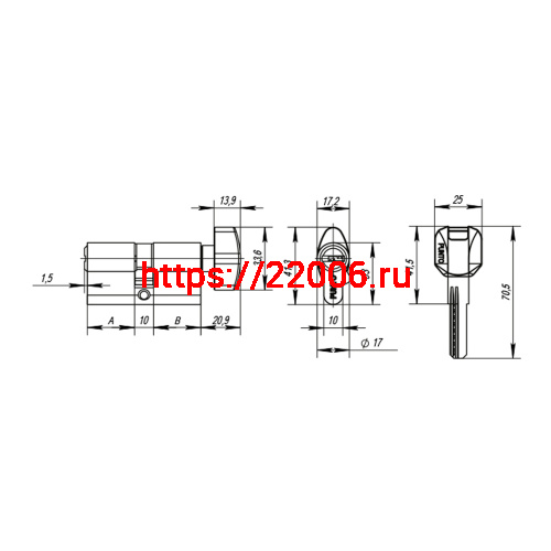 Цилиндровый Punto (Пунто) механизм MaxPro7002Knob90mm(30+10+50) SN никель 7key с вертушкой фото 4