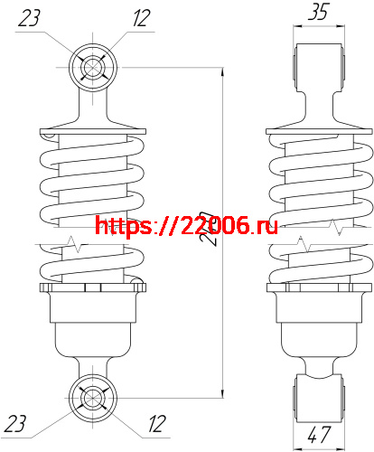 Амортизатор зад. L-240, D1-23, d1-12,Н1-35, D2-23, d2-12, Н2-47 TRIUMPH, ZF-KY, EKONIKA (ZF250-1) фото 2